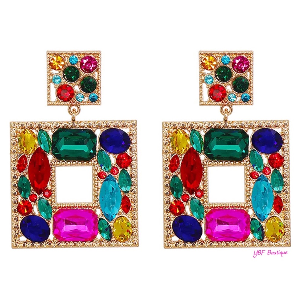New Blue & Pink Multicolor Jewel Rhinestone Post Drop Statement Fashion Earrings - Picture 2 of 10